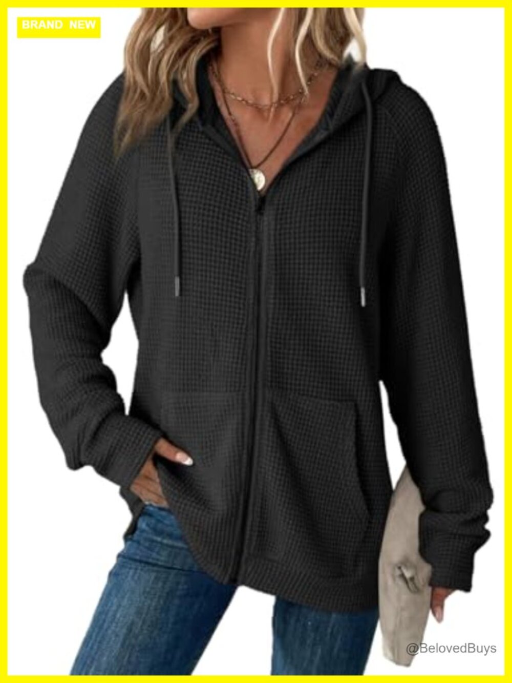 Waffle Knit Zip Up Hoodie Long Sleeve with Drawstring